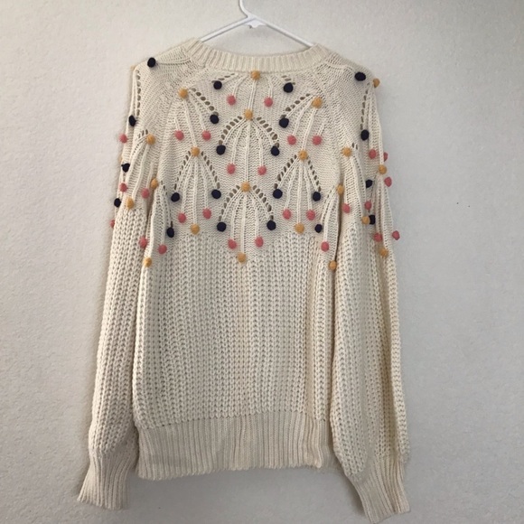 Chunky Knit Pom Pom Sweater Cream Pullover Size L Cozy Winter Cute - Picture 4 of 9